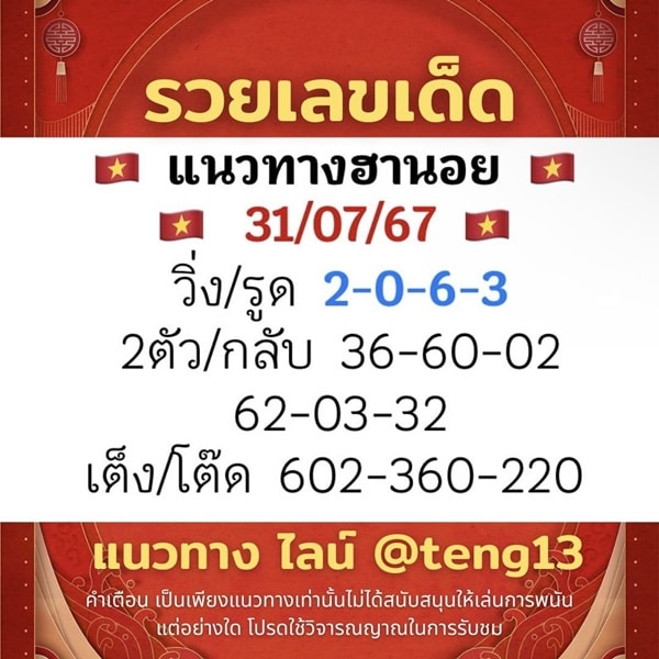 เลขเด็ดหวยฮานอย แนวทางหวยฮานอยวันนี้ 31 กค 67