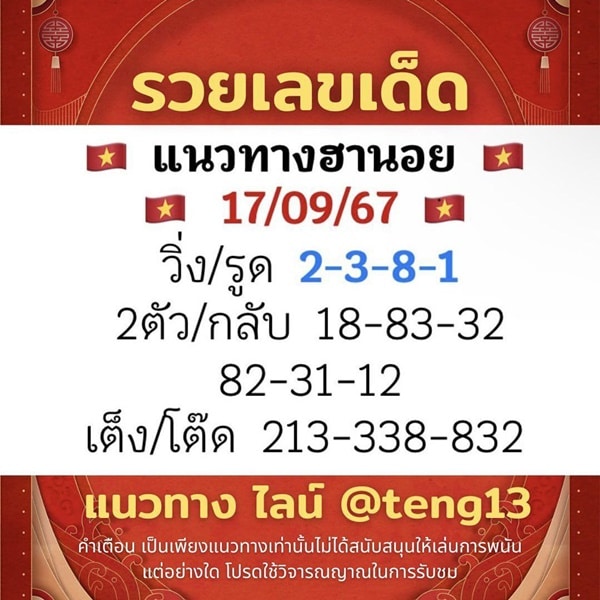 เลขเด็ดหวยฮานอย แนวทางหวยฮานอยวันนี้ 17 กย 67